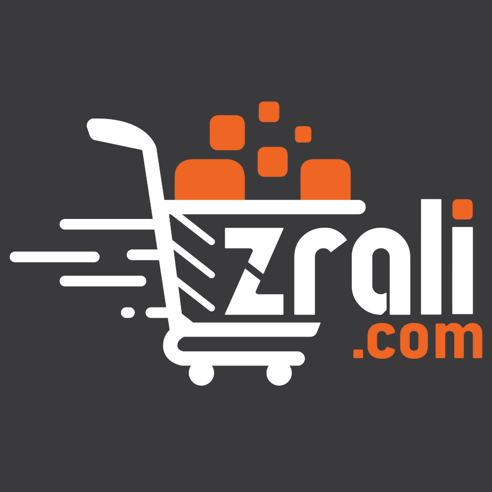The Zrali logo is a white shopping cart racing to the right, with speed lines behind it and orange pixel-like packages in its basket, on a charcoal background, with “zrali” in bold