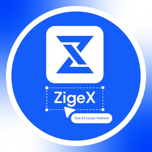 Stylized white letter Z inside a rounded square icon, above the text "Zigex" in clean white font, set against a circular royal blue gradient background.