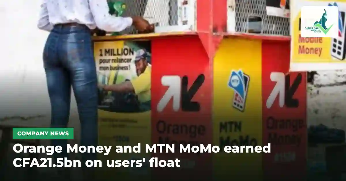 A customer at a red and yellow Orange Money and MTN MoMo mobile money kiosk in Cameroon